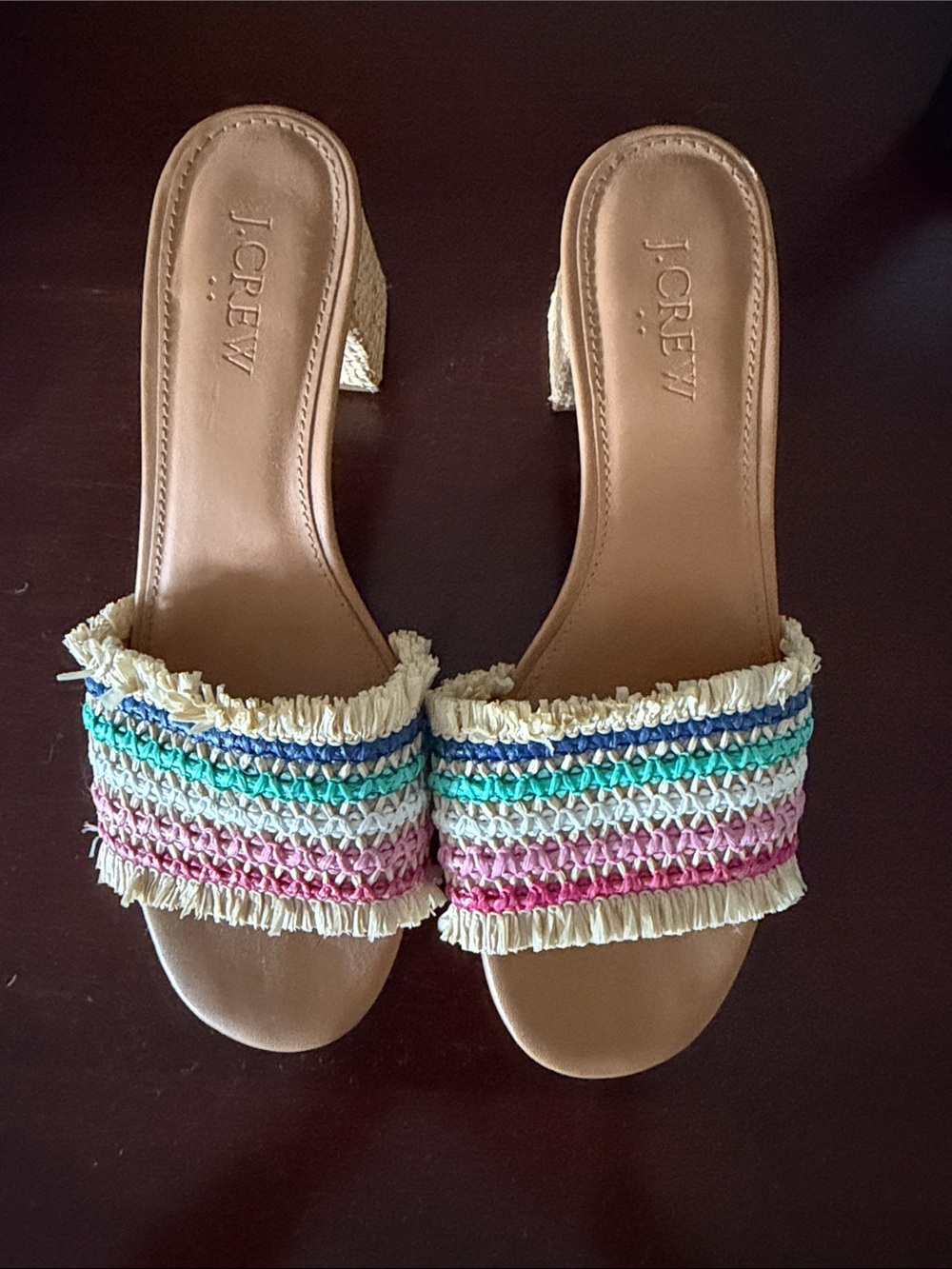 J. Crew Multicolor Raffia Slide Mules with Pink & Blue Accents